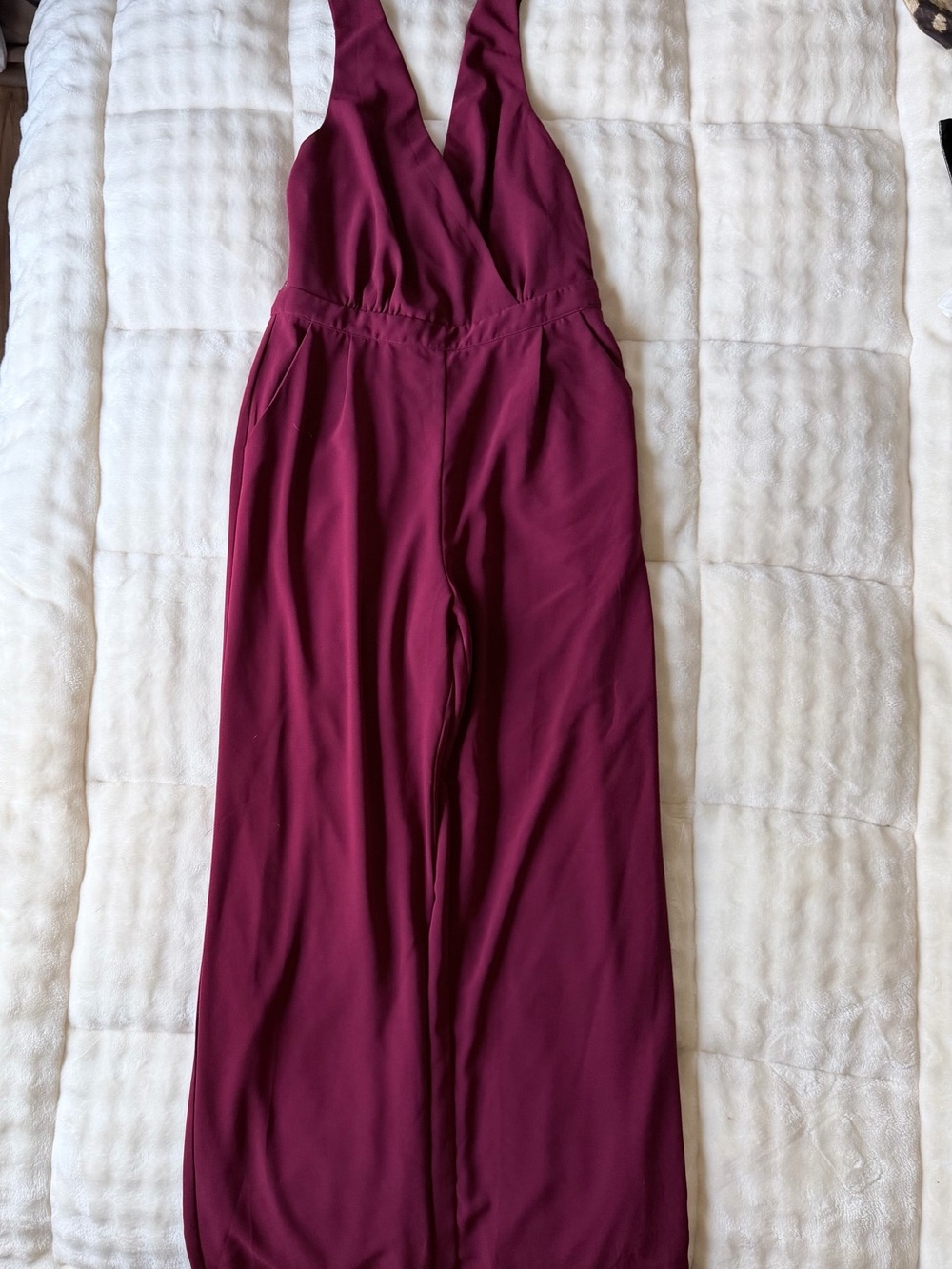 Lulu's Deep Wine V-Neck Wide-Leg Jumpsuit